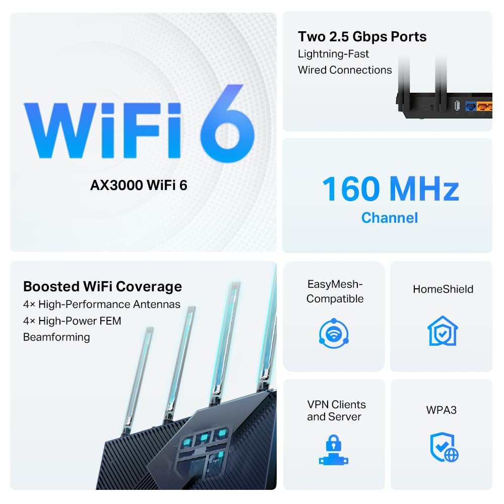 TP-Link AX3000 WiFi 6 Router (Archer AX55 Pro) - Multi Gigabit Wireless Internet, 2 x 2.5 Gbps Ports, Dual Band, VPN Router, OFDMA, MU-MIMO, USB 3.0 Port, WPA3, Compatible with Alexa