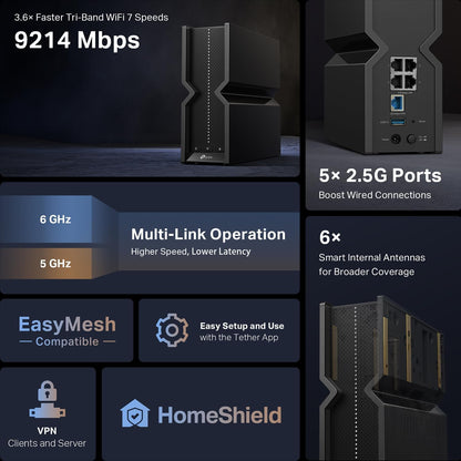 TP-Link Tri-Band BE9300 WiFi 7 Router (Archer BE550) - 6-Stream, Full 2.5G Ports w/ 6 Internal Antennas, Up to 2,000 Sq Ft, Add Easy-Mesh Device for Extended Coverage, VPN Support, Free Expert Support