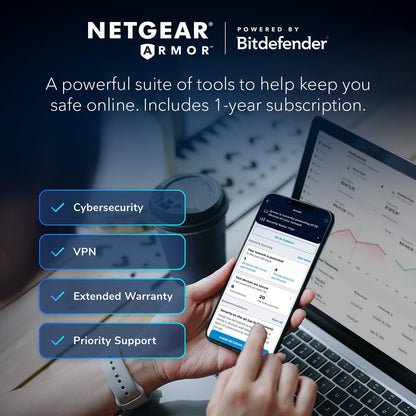 NETGEAR Nighthawk 6-Stream Dual-Band WiFi 6 Router (RAX54S) – Security Features, AX5400 Wireless Speed, Up to 5.4 Gbps, Covers up to 2,500 sq. ft., 25 Devices - 1-Year Armor Subscription Included